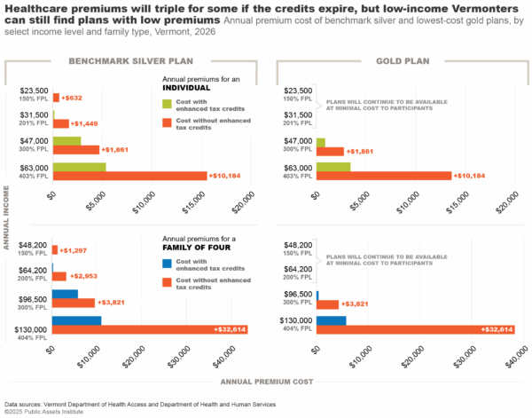 Annual premium cost of benchmark silver and gold plans, by income and family type, 2026